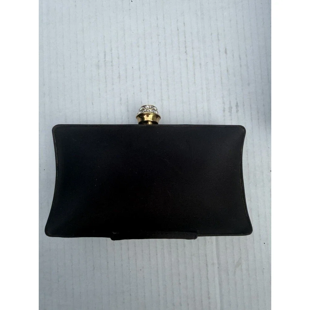 Vintage Carlo Pellini Black Satin Evening Clutch Purse Gold Chain Rhinestone
